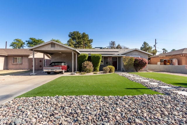 ranch-style house with a front lawn and a carport