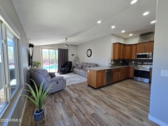 kitchen featuring a sink, a peninsula, open floor plan, and stainless steel appliances