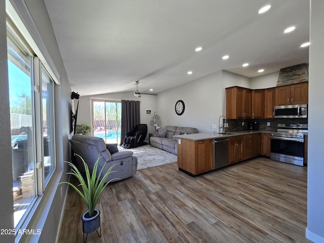 kitchen featuring a sink, a peninsula, open floor plan, and stainless steel appliances