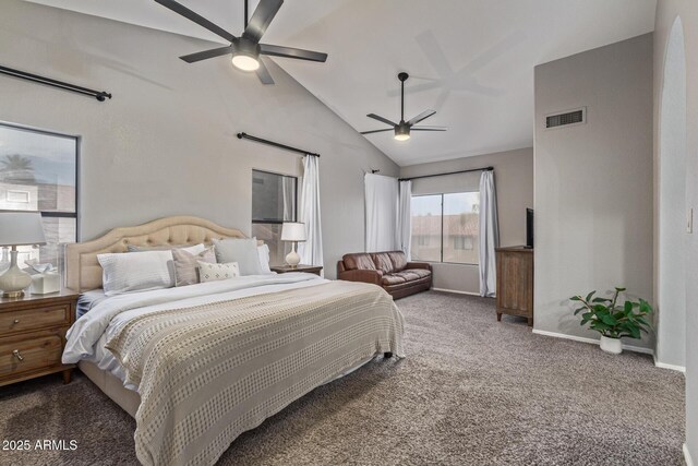1231 W Mediterranean Dr, Gilbert, AZ 85233 - bedroom with carpet flooring, baseboards, high vaulted ceiling, and ceiling fan