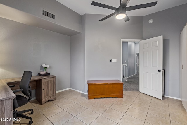 1231 W Mediterranean Dr, Gilbert, AZ 85233 - office area with light tile patterned flooring, ceiling fan, baseboards, and high vaulted ceiling
