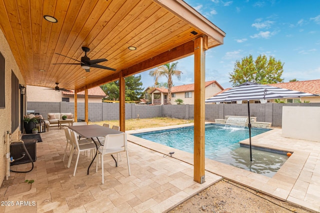 1231 W Mediterranean Dr, Gilbert, AZ 85233 - view of swimming pool featuring a fenced backyard, outdoor lounge area, a patio, ceiling fan, and outdoor dining space
