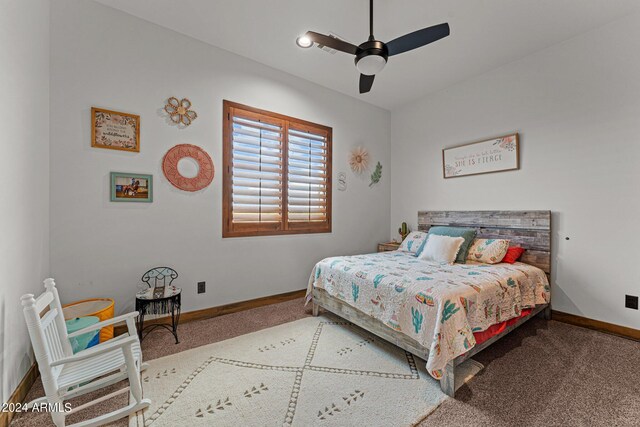 bedroom featuring carpet floors and ceiling fan