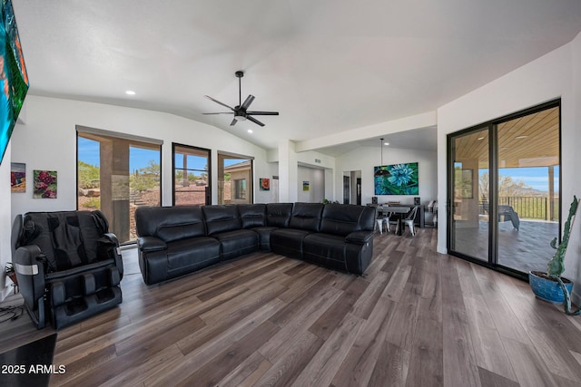 15261 E Golden Eagle Blvd, Fountain Hills, AZ 85268 - living room with vaulted ceiling, wood finished floors, plenty of natural light, ceiling fan, and recessed lighting