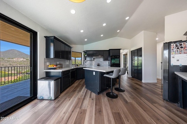 15261 E Golden Eagle Blvd, Fountain Hills, AZ 85268 - kitchen with dark cabinetry, oven, light countertops, wood finished floors, and vaulted ceiling
