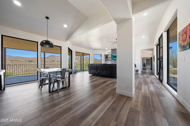15261 E Golden Eagle Blvd, Fountain Hills, AZ 85268 - dining space with ceiling fan, wood finished floors, lofted ceiling, and recessed lighting