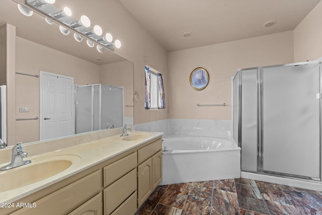 bathroom with vanity and plus walk in shower