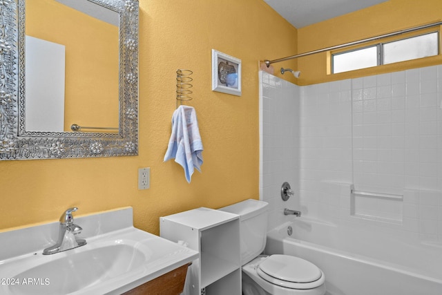1216 Easy St, Wickenburg, AZ 85390 - bathroom with toilet, bathing tub / shower combination, vanity, and a textured wall