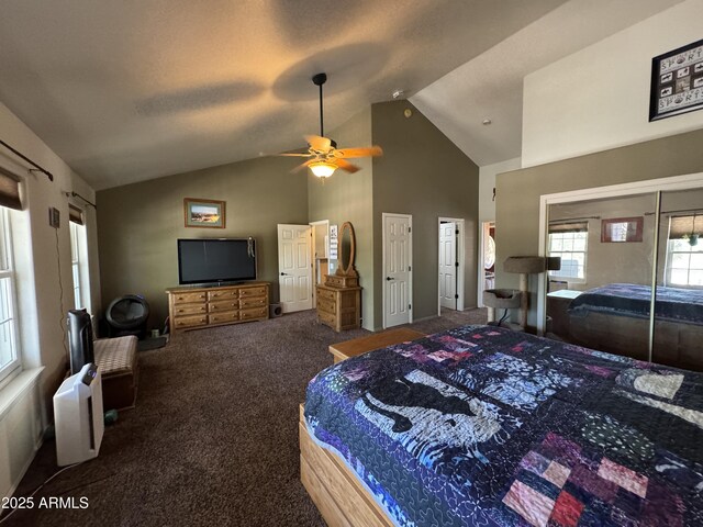 2404 W Palmer Dr, Payson, AZ 85541 - bedroom featuring carpet flooring, high vaulted ceiling, ceiling fan, and two closets