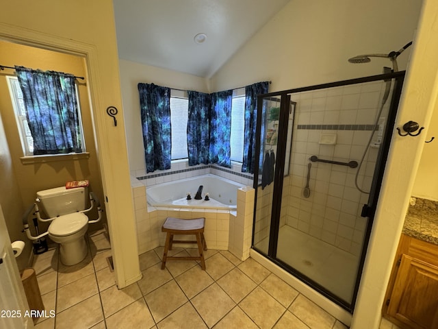 2404 W Palmer Dr, Payson, AZ 85541 - bathroom with a whirlpool tub, a shower stall, tile patterned floors, and vaulted ceiling