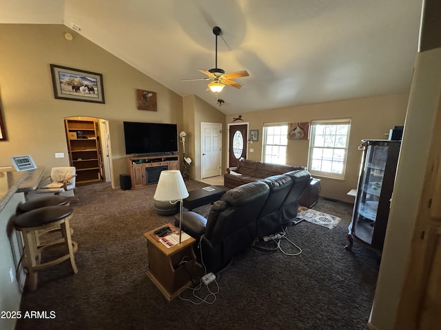 2404 W Palmer Dr, Payson, AZ 85541 - living area featuring carpet flooring, a ceiling fan, and high vaulted ceiling