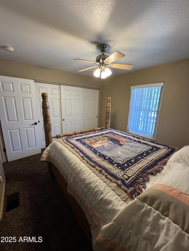 2404 W Palmer Dr, Payson, AZ 85541 - bedroom featuring a closet, a ceiling fan, a textured ceiling, and carpet floors