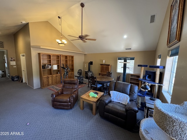 2404 W Palmer Dr, Payson, AZ 85541 - carpeted living room featuring high vaulted ceiling and a ceiling fan