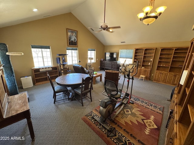 2404 W Palmer Dr, Payson, AZ 85541 - carpeted dining space featuring a ceiling fan, high vaulted ceiling, and a chandelier