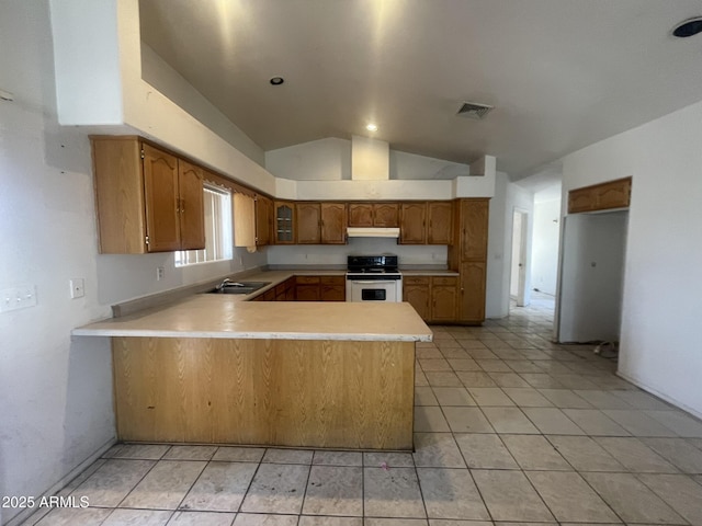 403 E 6th St, Douglas, AZ 85607 - kitchen with white electric range oven, a peninsula, under cabinet range hood, lofted ceiling, and light countertops