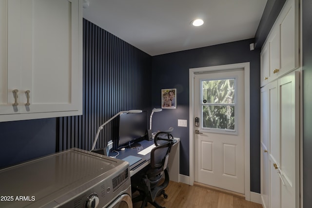 1839 E Palo Verde Dr, Phoenix, AZ 85016 - home office featuring light wood finished floors, washer / dryer, baseboards, and recessed lighting