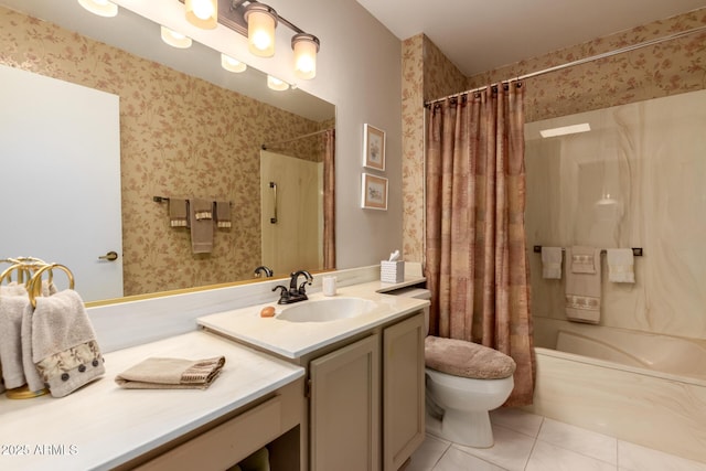 bathroom with shower / bathtub combination with curtain, vanity, tile patterned floors, toilet, and wallpapered walls