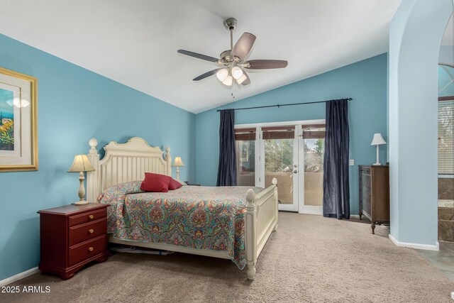 carpeted bedroom with access to exterior, vaulted ceiling, and ceiling fan