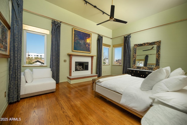 bedroom featuring hardwood / wood-style flooring, track lighting, and ceiling fan