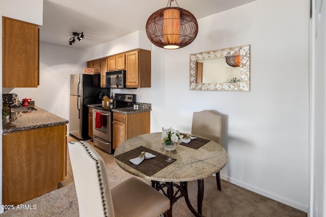 kitchen featuring rail lighting, appliances with stainless steel finishes, decorative light fixtures, light colored carpet, and sink