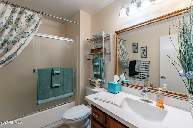 full bathroom featuring vanity, toilet, ornamental molding, and shower / tub combo with curtain