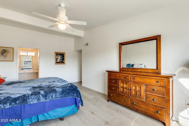 bedroom with wood finished floors, baseboards, visible vents, lofted ceiling with beams, and ceiling fan