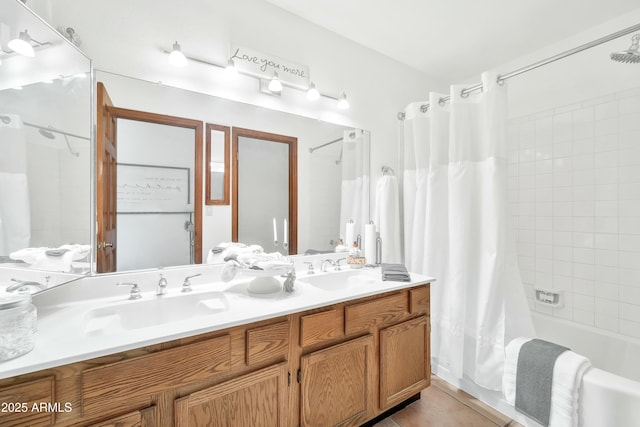 bathroom with vanity, shower / bath combination with curtain, and tile patterned flooring