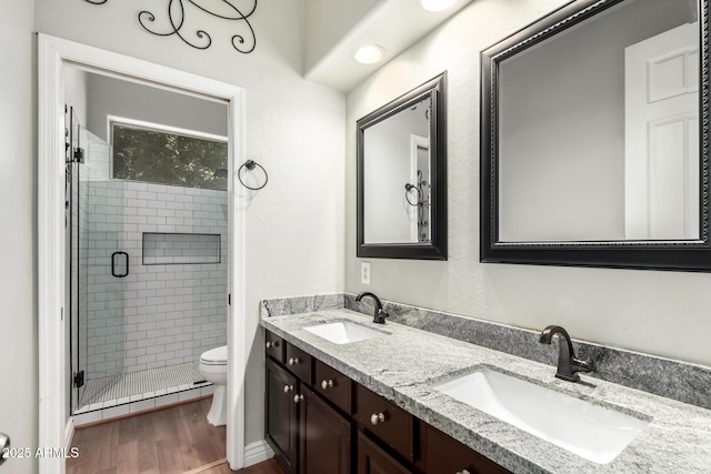 bathroom with toilet, a shower stall, wood finished floors, and double vanity