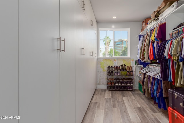 walk in closet with light hardwood / wood-style flooring