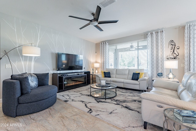 living room featuring ceiling fan