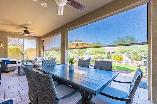 view of patio featuring ceiling fan and an outdoor hangout area