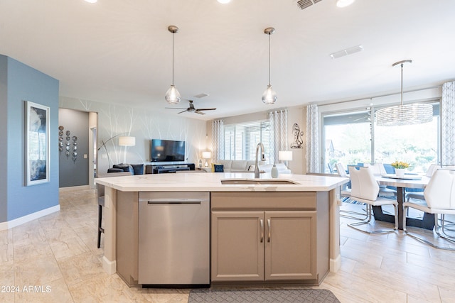 kitchen with a kitchen island with sink, dishwasher, ceiling fan, and sink