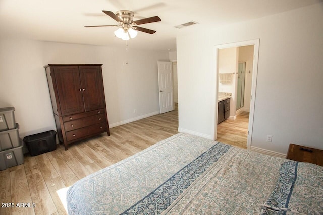 bedroom featuring ceiling fan, connected bathroom, and light hardwood / wood-style flooring