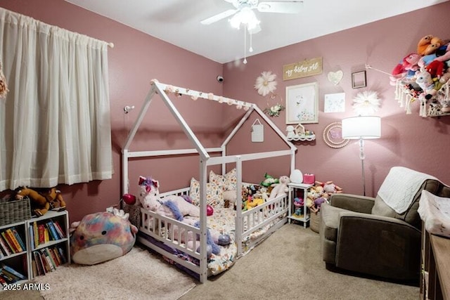 bedroom featuring carpet floors and ceiling fan