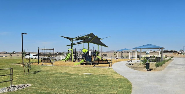 community play area with a yard and a gazebo