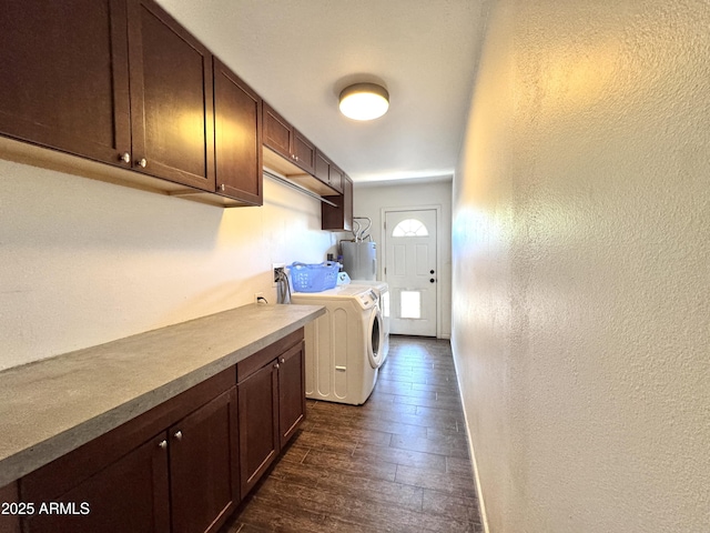 8343 E Edward Ave, Scottsdale, AZ 85250 - washroom featuring water heater, cabinet space, washing machine and dryer, dark wood-style floors, and a textured wall