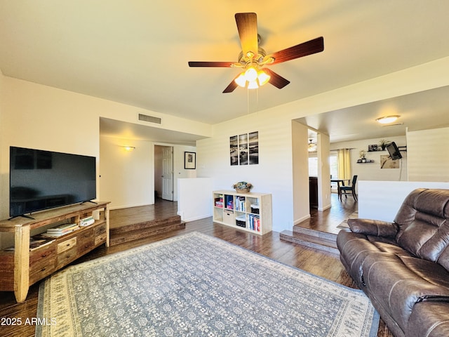 8343 E Edward Ave, Scottsdale, AZ 85250 - living room with dark wood-style floors and a ceiling fan