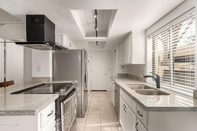 8841 S 48th St Unit 1, Phoenix, AZ 85044 - kitchen with appliances with stainless steel finishes, a sink, ventilation hood, white cabinets, and light tile patterned flooring