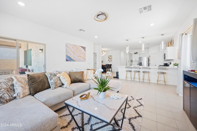 living room featuring light tile patterned flooring