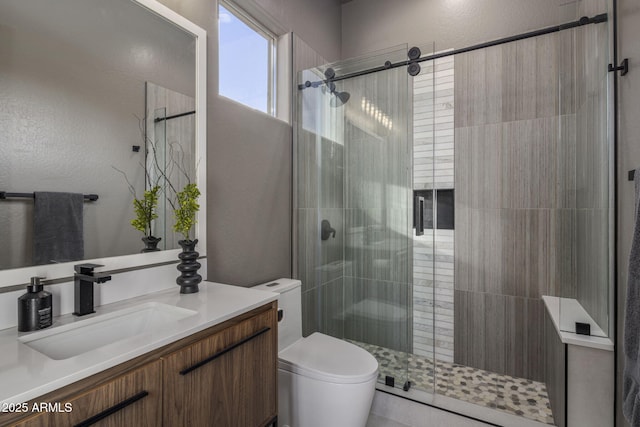 bathroom featuring a shower with door, toilet, and vanity