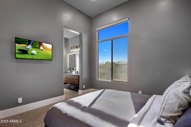 bedroom with light colored carpet