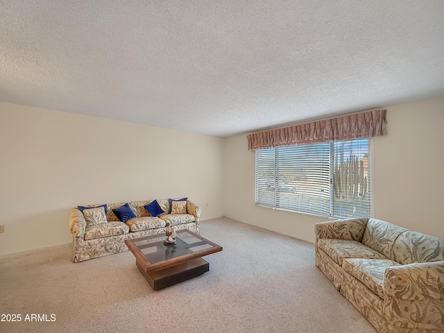 living room with a textured ceiling and light colored carpet