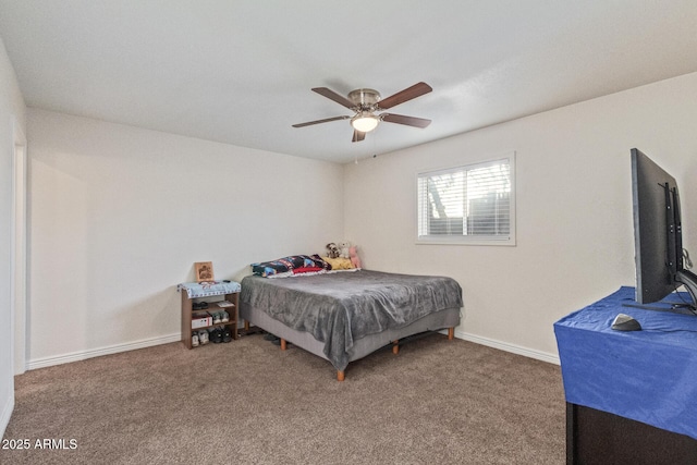 bedroom with carpet flooring, ceiling fan, and baseboards