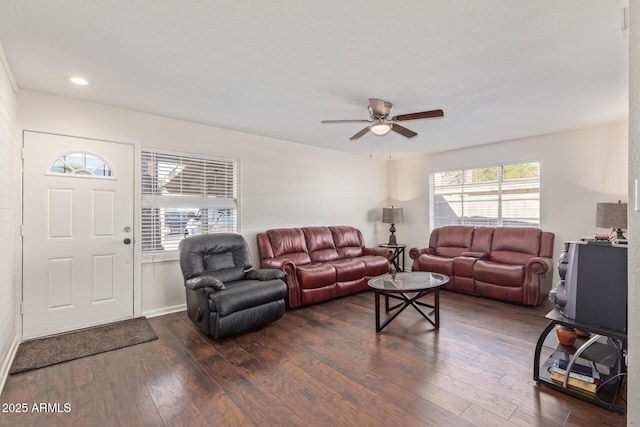 living room with dark wood-style flooring, recessed lighting, a ceiling fan, and baseboards