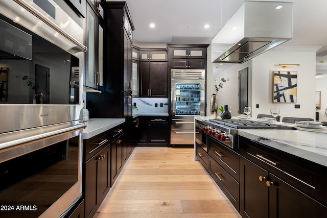 kitchen with appliances with stainless steel finishes, light hardwood / wood-style floors, island exhaust hood, ornamental molding, and dark brown cabinetry