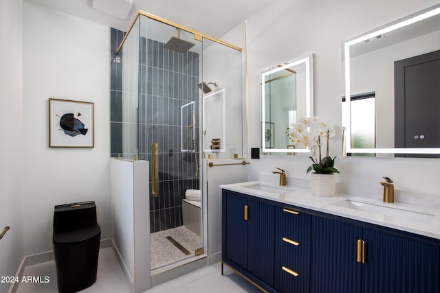 bathroom with tile patterned flooring, walk in shower, toilet, and vanity