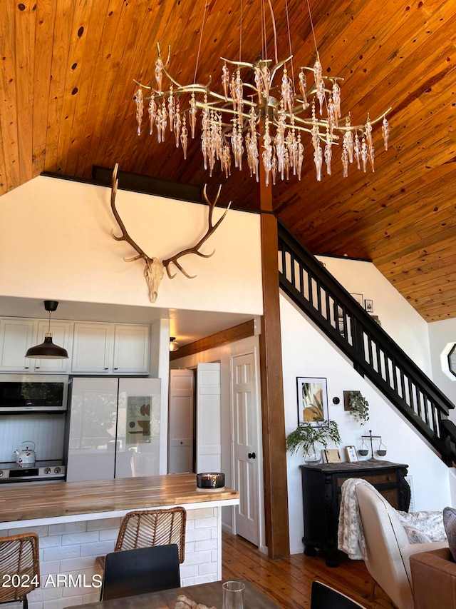 kitchen featuring white cabinets, wood ceiling, and wood-type flooring