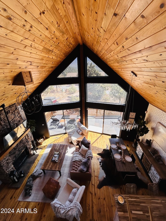 unfurnished living room with high vaulted ceiling, wood ceiling, a fireplace, and dark hardwood / wood-style flooring