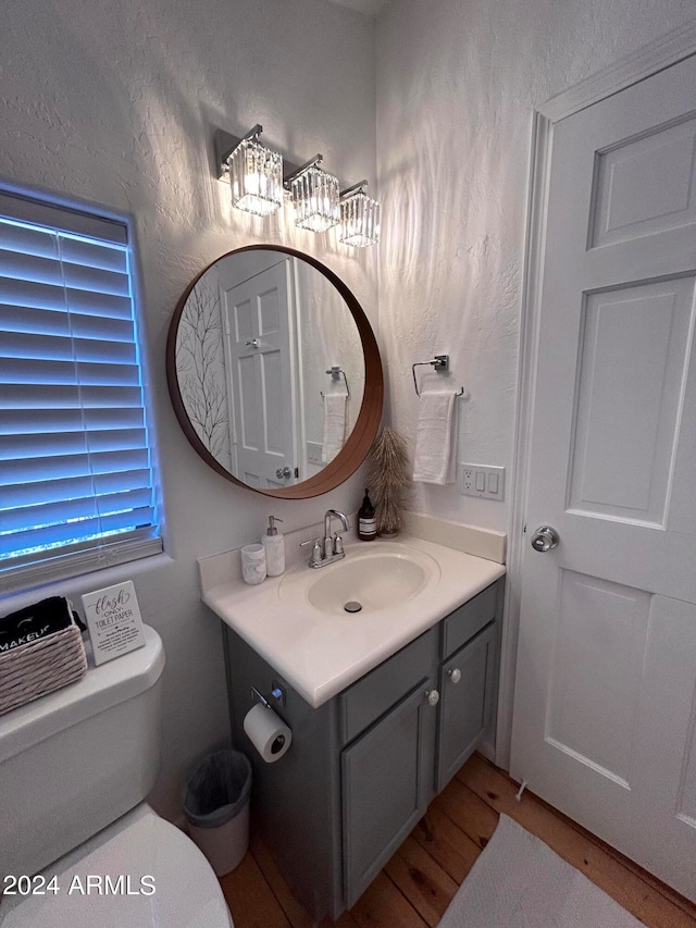 bathroom featuring wood-type flooring, toilet, and vanity