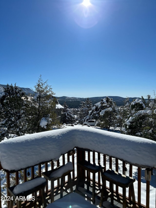 snow covered back of property featuring a mountain view